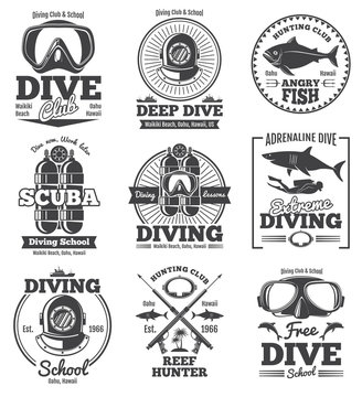 Underwater scuba diving club vector vintage emblems and labels