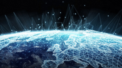 Global network and datas exchanges over the planet Earth 3D rendering