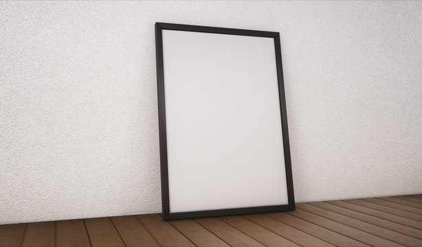 Poster with black frame mockup standing on the floor. 3d rendering