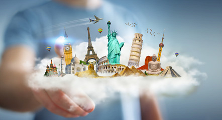Businessman touching a cloud full of famous monuments with his finger 3D rendering