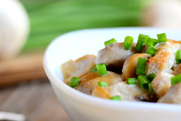 Fried mushrooms with sour cream sauce and fresh green onions in a bowl. Simple and delicious vegetarian recipe. Homemade spicy mushrooms idea. Closeup