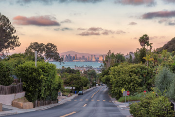 Sunset view of the city San Diego with city streets. - obrazy, fototapety, plakaty