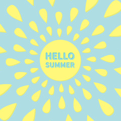 Sun icon. Yellow rays of light. Cute cartoon shining object. Hello summer text. Blue background. Flat design