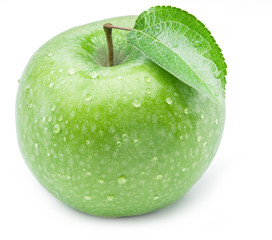 Ripe green apple with water drops on it.