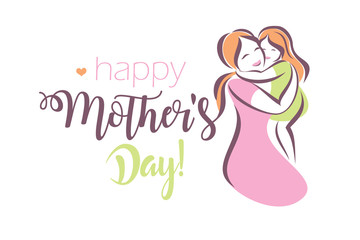 happy mothers day greeting card template, stylized symbol of mom and baby