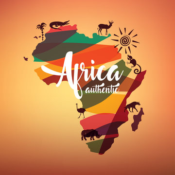Africa travel map, decrative symbol of Africa continent with wild animals silhouettes