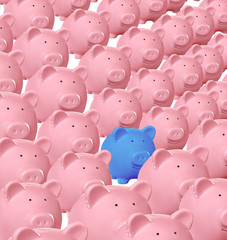 Blue piggy bank being different from others