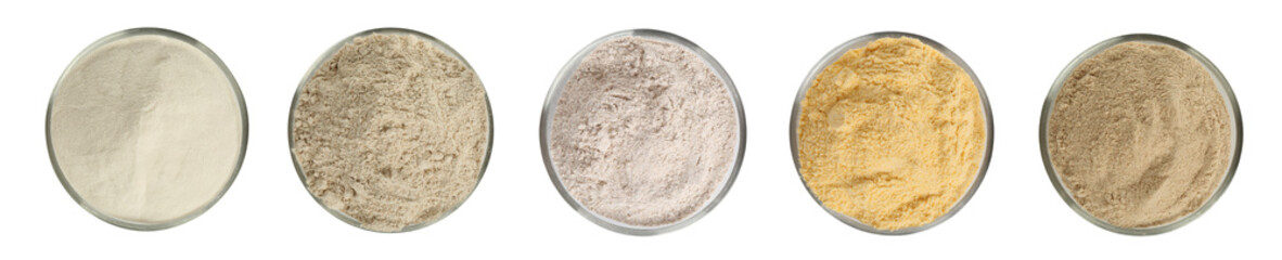 Different kinds of flour in bowls on white background