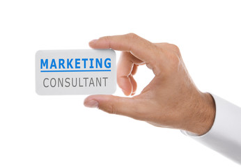 Man hand with white blank card, isolated on white