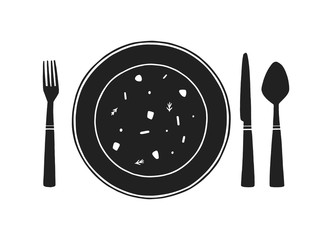 Soup plate and cutlery silhouettes on the white background