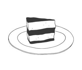 Cartoon piece of cake on the plate. Hand drawn dessert illustration on the white background
