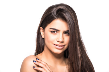 Fototapeta premium Studio portrait of a beautiful young woman with brown hair. Pretty model girl with perfect fresh clean skin. Beauty and skin care concept