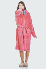 Woman in pink bathrobe pointing on you.