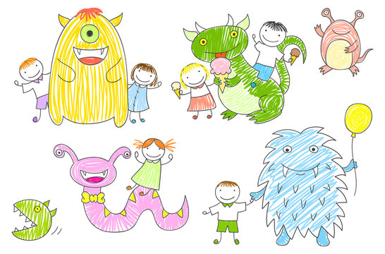 Vector sketches with children and cute monsters