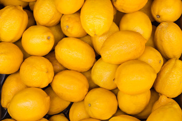 Lemons In Market. Colorful. Top view. Close-up