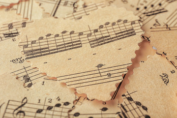 Paper hearts with notes, music concept