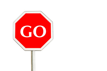 Red road sign and alphabet of GO isolated on white background for going concept