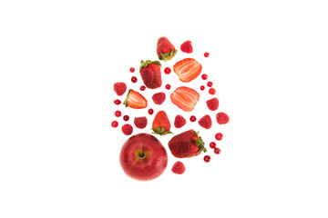 different organic red fruits and berries isolated on white with copy space