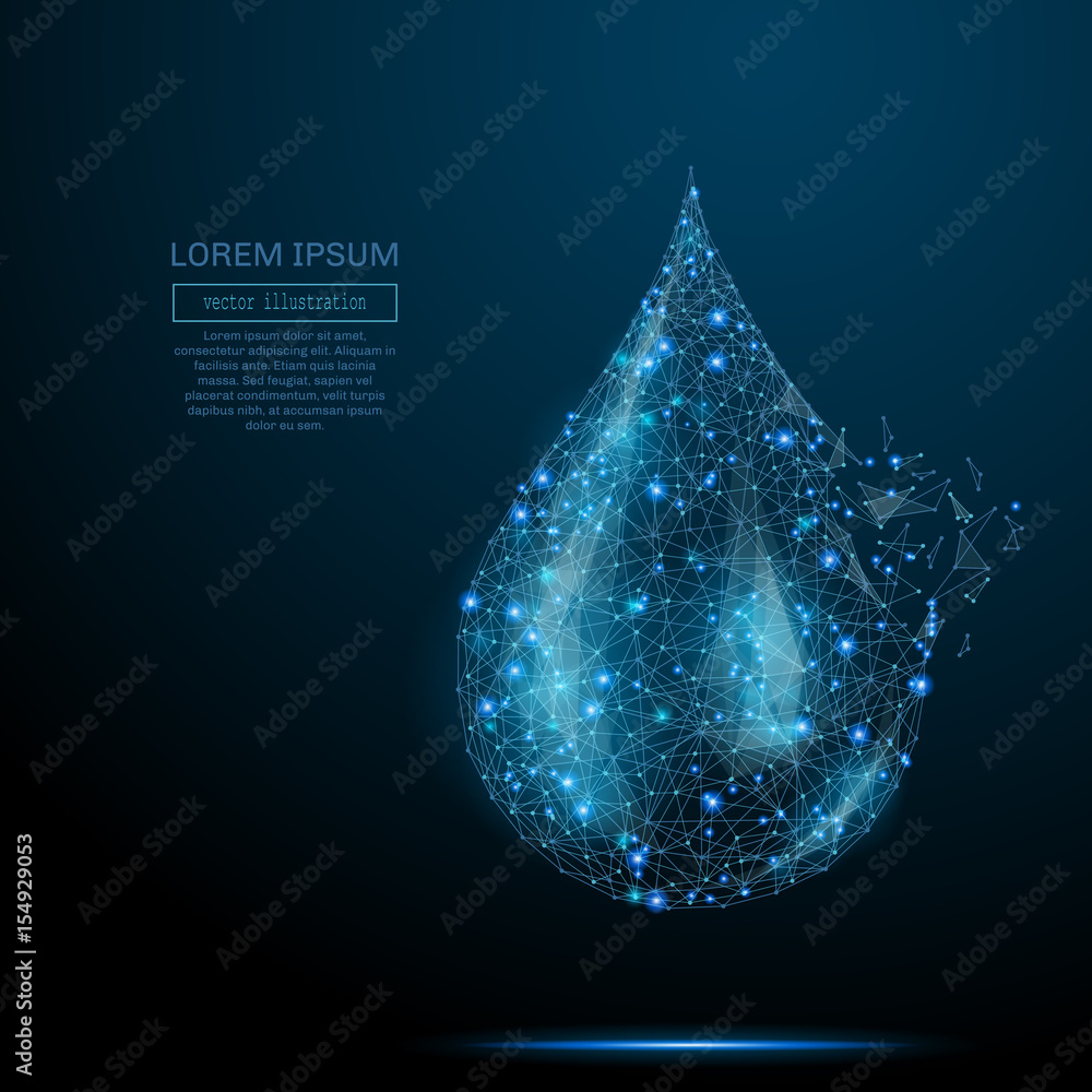 Poster polygonal water drop. vector mesh spheres from flying debris. thin line concept. blue structure styl