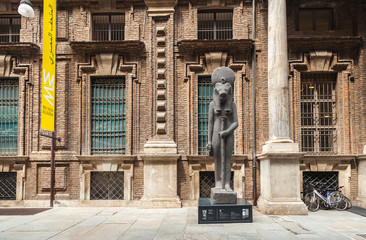 The statue at the entrance to the Egyptian Museum. Turin