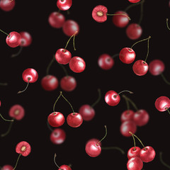 Seamless pattern watercolor cherries on the black background