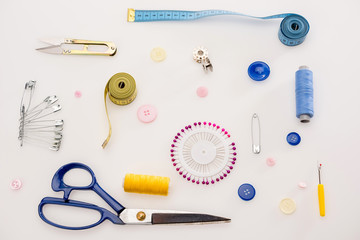 top view of workshop with needlework details and tools mock-up