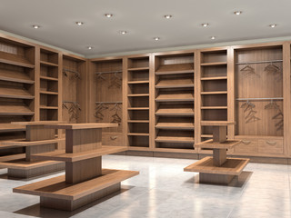 shop with empty wooden shelves, 3d illustration