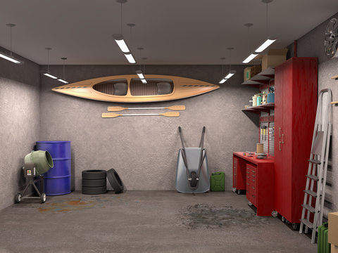 big garage interior, 3d illustration