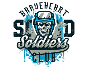 Vector illustration on a military theme, soldier, warrior, skull in helmet. Grunge effect, text, lettering. Typography, T-shirt graphics, print, banner, poster, flyer