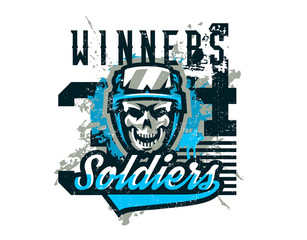 Vector illustration on a military theme, soldier, warrior, skull in helmet. Grunge effect, text, lettering. Typography, T-shirt graphics, print, banner, poster, flyer