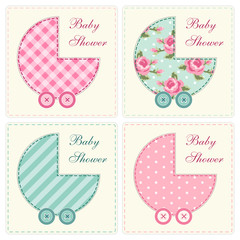 Cute baby shower invitation as retro fabric applique of baby carriage in shabby chic style