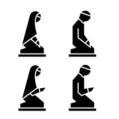 Muslim man and woman making a supplication. Islamic prayer icons.