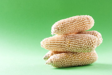 Raw corn on a green background