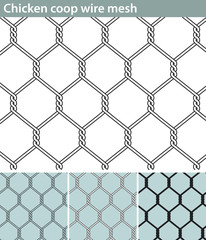 Naklejka premium Chicken wire, new. Three different versions of a seamless pattern with a wire mesh for chicken coops: unfilled, with white filling and in silhouette.