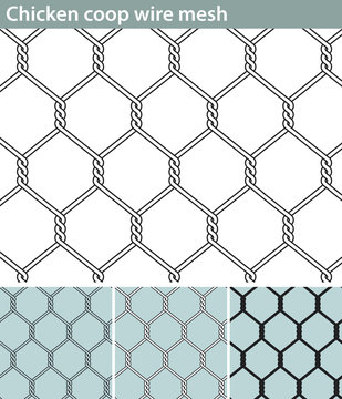 Chicken wire, new. Three different versions of a seamless pattern with a wire mesh for chicken coops: unfilled, with white filling and in silhouette.