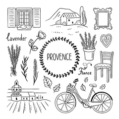 Deurstickers Provence hand drawn illustration. French village elements. Lavender, bicycle, furniture and landscapes © redchocolatte