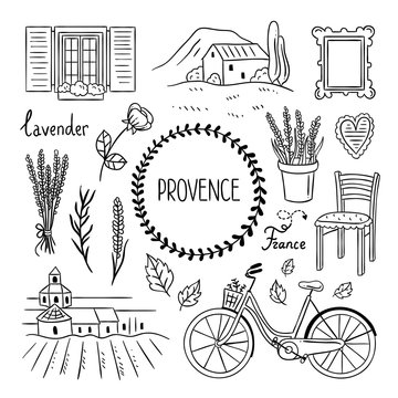Provence hand drawn illustration. French village elements. Lavender, bicycle, furniture and landscapes