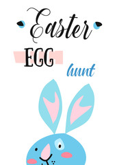 Hand drawn vector abstract creative cute Happy Easter greetings card template with graphic funny rabbit and quote Easter egg hunt in pastel colors.Spring decoration backgrounds concept.Scandinavian
