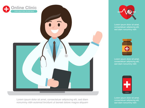 female doctor. vector illustration. online healthcare diagnosis and medical consultant. infographic design.