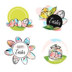 Hand drawn vector abstract creative Happy Easter greeting card design,stickers,badges,tags,signs collection set template with Spring flowers and Easter eggs isolated on white background.