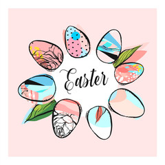 Hand drawn vector abstract creative texture Easter concept graphic trendy composition with Easter eggs wreath frame in pastel colors.Design for Spring sale,sign,tag,logo,design,invitation,decoration.