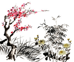 Chinese traditional distinguished gorgeous decorative hand-painted ink-bamboo,Orchid, Plum Blossom, Chrysanthemum - 154945022