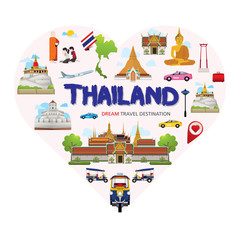 Thailand symbols set in heart shape. Travel Destination Concept, Travel design templates collection, Info graphic elements for traveling to Thailand, Heart shape concept. Travel background.