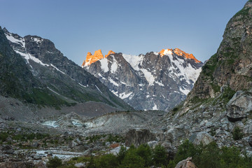 Mount Skhelda at sunrise. Greater Caucasus mountains, Prielbrusie national park, Russia.