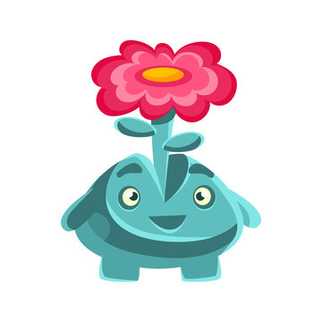 Cute friendly plant with a flower on his head. Cartoon emotions character vector Illustration