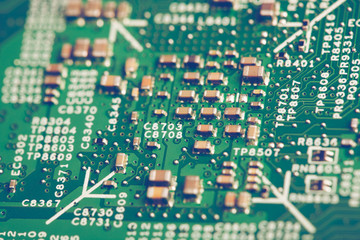 Close up of electronic components on the motherboard, microprocessor chip