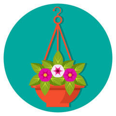 Hanging flower basket with petunias vector illustration isolated