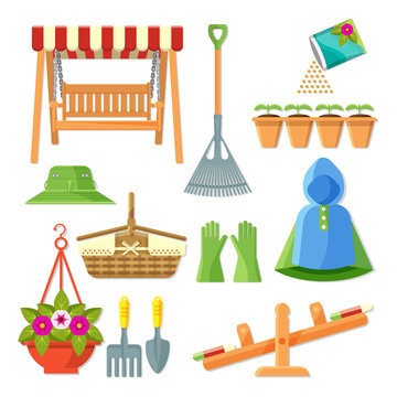 Set of garden equipment and decorative accessories vector illustration