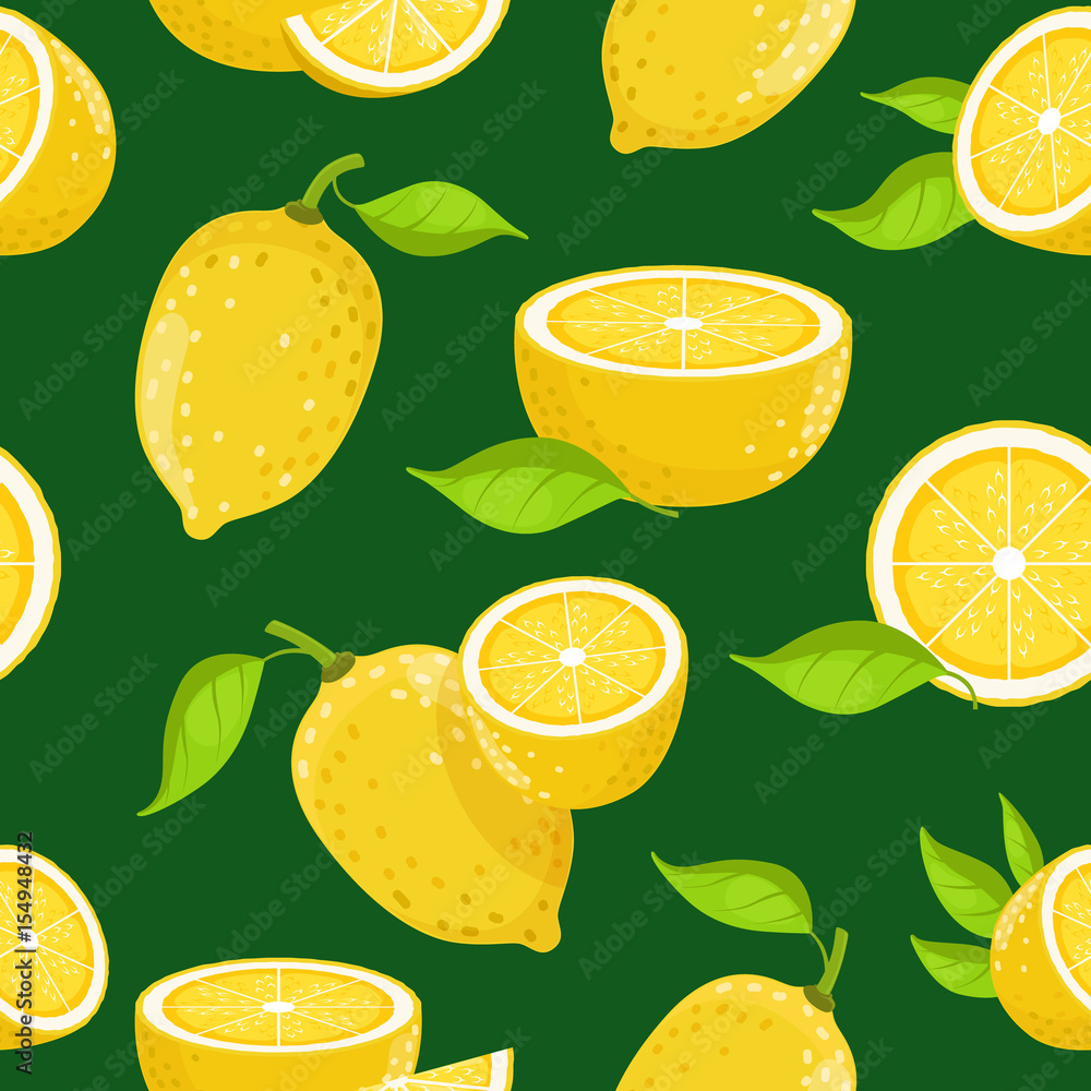 Poster lemon and different slices on dark background. vector seamless pattern