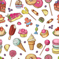 Vector seamless pattern of candies, ice cream, cake and other different sweets. Hand drawn illustrations